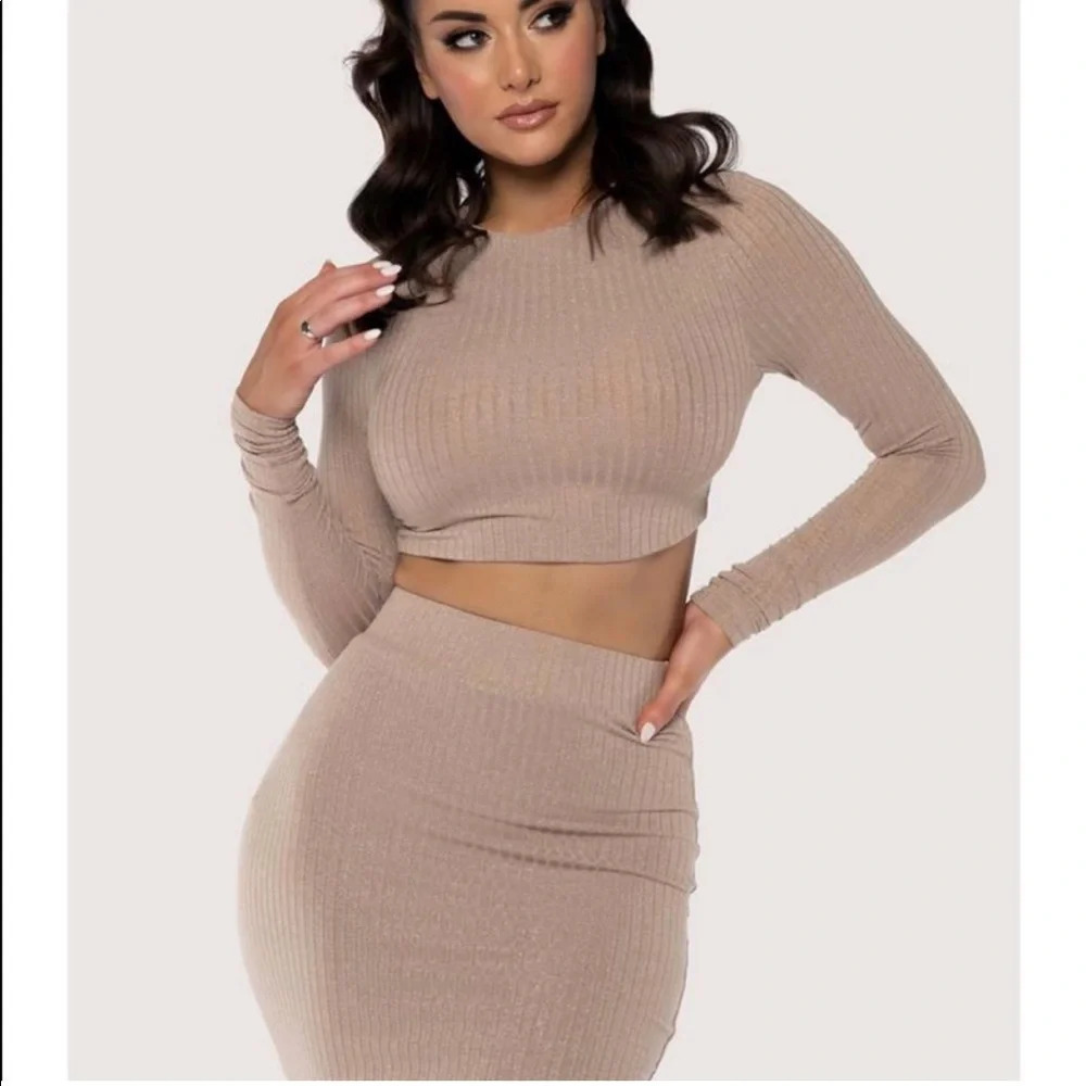 Meshki ILIANA Shimmer Rib Ribbed Long Sleeve Crop Top Nude Silver High Neck XS